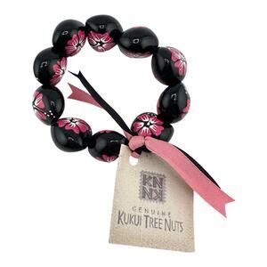 NWT Genuine Kukui Tree Nuts Hand Painted Pink Flower Beads 6.25” Bracelet